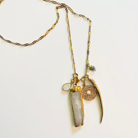 Selenite, Opal Evil-Eye, Moonstone, Gold Horn, and Tourmalated Necklace